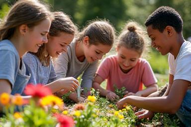 A group of smiling people, including adults and children, happily working together, planting colorful flowers and vegetables in a vibrant community garden space.