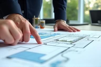 A horticulture consultant points to a detailed plant layout plan on a table, discussing greening strategies with a business client in a bright, modern office setting.