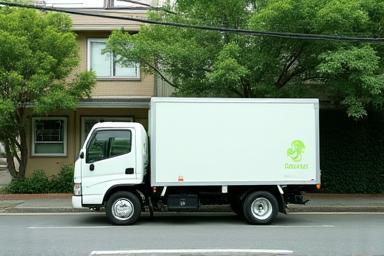 A small, environmentally friendly delivery truck with a subtle Hana Koubou Saitama logo parked on a quiet, tree-lined street in a local Saitama neighborhood.