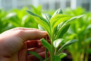 Closeup image of a hand gently tending to lush, healthy plants in a bright greenhouse, emphasizing care and sustainable agricultural methods.